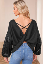 Load image into Gallery viewer, Waffle Knit Top | Black Sequin Patchwork Sleeve Open Back
