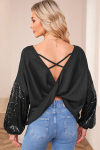 Waffle Knit Top | Black Sequin Patchwork Sleeve Open Back