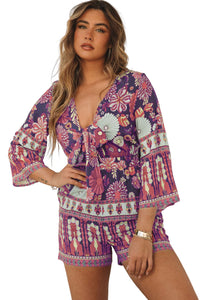 Women Romper | Purple Vintage Printed 3/4 Sleeves V Neck Romper | Bottoms/Jumpsuits & Rompers