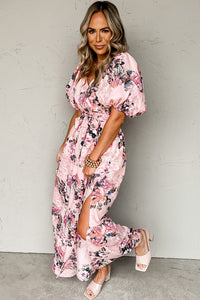 Womens Maxi Dress | Pink Floral Puff Sleeve High Waist Maxi Dress | Dresses/Floral Dresses