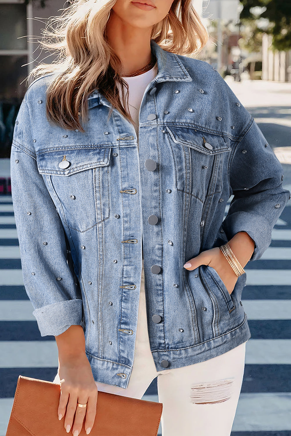 Rhinestone Denim Jacket | Mist Blue Studded Denim