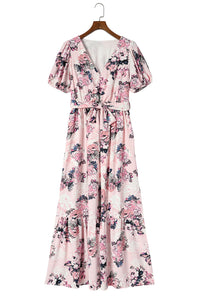 Womens Maxi Dress | Pink Floral Puff Sleeve High Waist Maxi Dress | Dresses/Floral Dresses