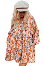 Load image into Gallery viewer, Orange Printed Split Neck Floral Pocketed Shift Dress | Dresses/Floral Dresses
