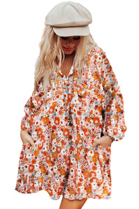 Orange Printed Split Neck Floral Pocketed Shift Dress | Dresses/Floral Dresses