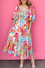 Load image into Gallery viewer, Rose Red Tropical Print Smocked Bodice Puff Sleeve Maxi Dress | Dresses/Floral Dresses
