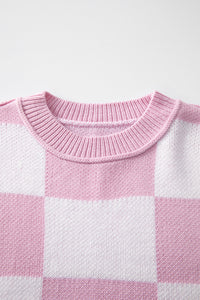 Checkered Sweater | Pink Bishop Sleeve Sweater