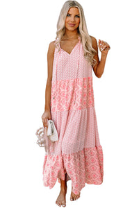 Pink Abstract Print Split Neck Sleeveless Maxi Dress | Dresses/Maxi Dresses