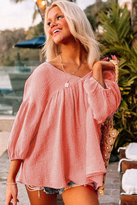 Pink Textured V Neck Bracelet Sleeve Babydoll Blouse | Tops/Blouses & Shirts