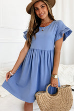 Load image into Gallery viewer, Sky Blue Round Neck Ruffle Sleeve Loose Dress | Dresses/Mini Dresses
