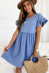 Sky Blue Round Neck Ruffle Sleeve Loose Dress | Dresses/Mini Dresses