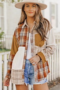 Orange Plaid Color Block Patchwork Shirt Jacket with Pocket | Outerwear/Jackets