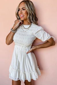 Mini Dress | White Tie Short Sleeves Smocked Ruffle Dress