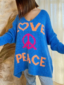 Peace Graphic V-Neck Long Sleeve Sweater