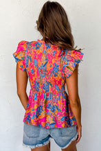 Load image into Gallery viewer, Rose Red Floral Print Smocked Ruffle Trim Flutter Sleeve Blouse | Tops/Blouses &amp; Shirts
