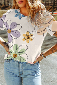 Beige Summer Flower Print Casual Round Neck T Shirt | Tops/Tops & Tees