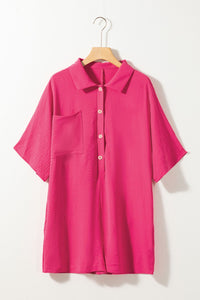 Womens Romper | PINK Half Button Short Sleeve Romper | Romper