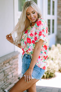 V Neck Blouse | Red Floral Print Ruffled Short Sleeve