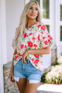 V Neck Blouse | Red Floral Print Ruffled Short Sleeve