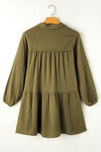 Puff Sleeve Dress | Green Frayed Trim Flared Dress