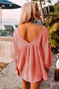 Pink Textured V Neck Bracelet Sleeve Babydoll Blouse | Tops/Blouses & Shirts