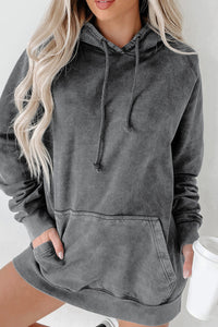 Gray Mineral Wash Kangaroo Pocket Drawstring Pullover Hoodie | Tops/Sweatshirts & Hoodies