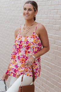 Fiery Red Floral Print Loose Fit Spaghetti Strap Tank Top | Tops/Tank Tops