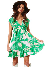 Load image into Gallery viewer, Mini Dress | Green Floral Sleeveless V Neck Ruffled Hem
