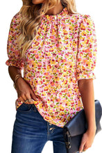 Load image into Gallery viewer, Orange Boho Floral Ruffle Short Sleeve Frill Mock Neck Blouse | Tops/Blouses &amp; Shirts
