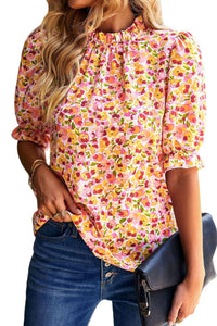 Orange Boho Floral Ruffle Short Sleeve Frill Mock Neck Blouse | Tops/Blouses & Shirts