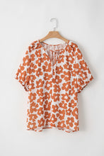 Load image into Gallery viewer, Orange Plus Size Floral Print Drawstring V Neck Short Sleeve Blouse | Plus Size/Plus Size Tops/Plus Size Blouses &amp; Shirts
