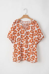 Orange Plus Size Floral Print Drawstring V Neck Short Sleeve Blouse | Plus Size/Plus Size Tops/Plus Size Blouses & Shirts