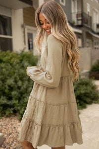 Pale Khaki Cotton Crepe V Neck Frill Tiered Mini Dress | Dresses/Mini Dresses