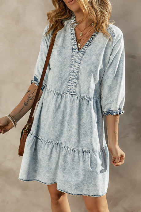 Dusk Blue Acid Wash Retro Half Sleeve Flared Denim Dress | Dresses/Mini Dresses