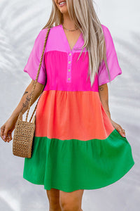 Multicolor Color Block Tiered Puff Sleeve Dress | Dresses/Mini Dresses