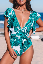 Load image into Gallery viewer, Green Sexy Deep V Neck Floral Print Ruffles One Piece Swimwear | Swimwear/One Piece Swimsuit
