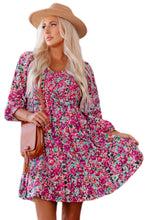 Load image into Gallery viewer, Purple Smocked V Neck Puffy Sleeve Floral Dress | Dresses/Floral Dresses
