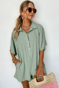 Loose Romper | Spinach Green Half Button Collared