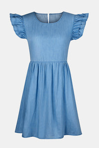 Womens Denim Dress | Full Size Ruffled Round Neck Cap Sleeve Denim Dress | Dress