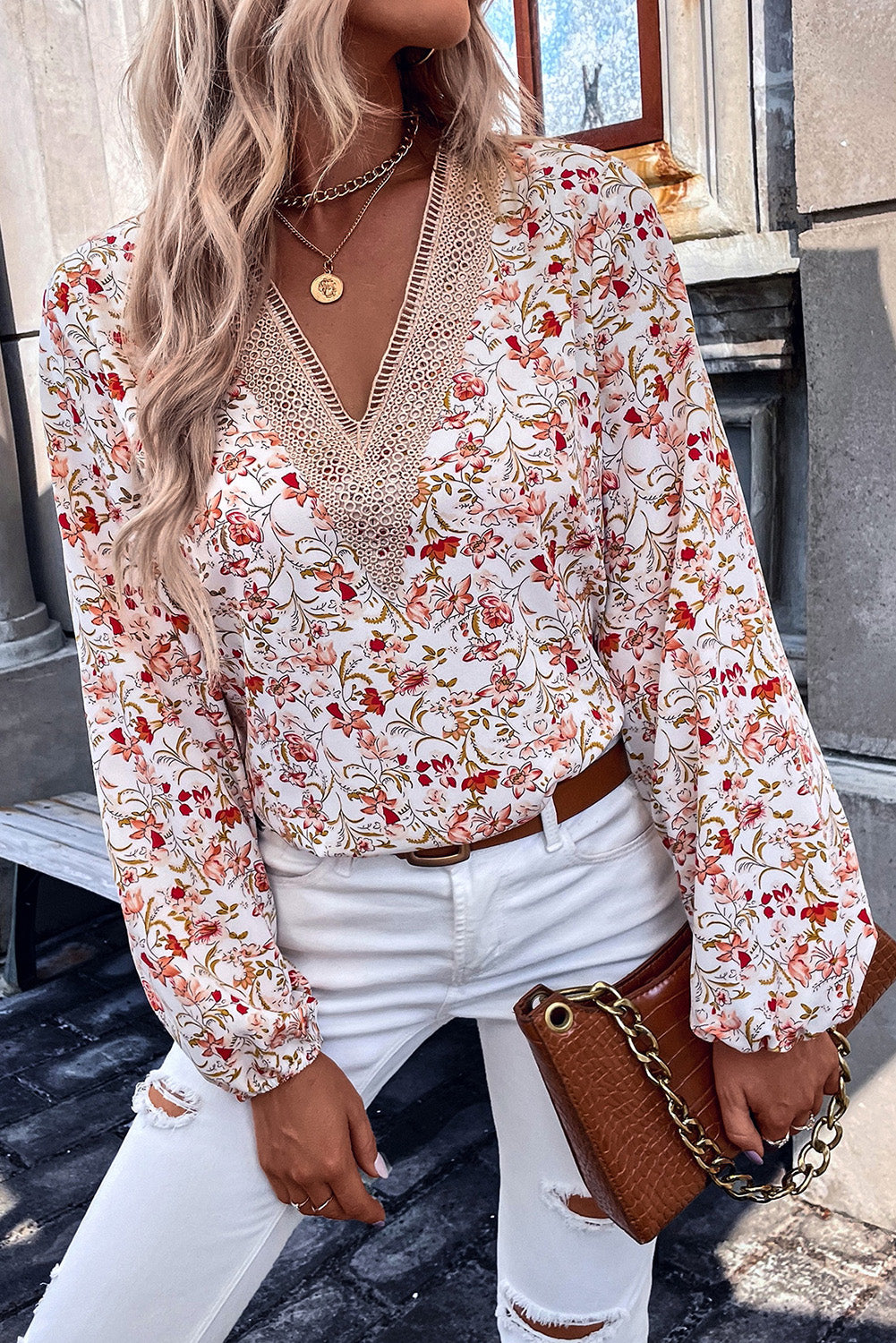 V-Neck Blouse | White Floral Long Sleeve Lace