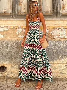 Womens Dress | Smocked Printed Square Neck Sleeveless Dress | Dress