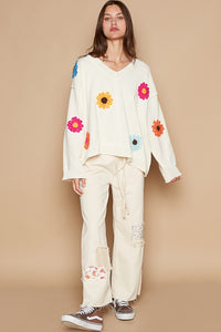 V-Neck Flower Patches Sweater