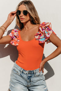 Orange Ribbed Knit Tiered Ruffled Sleeve Bodysuit | Tops/Bodysuits