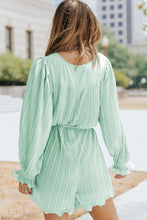 Load image into Gallery viewer, Green Pleated Ruffled Tie Waist Buttons V Neck Romper
