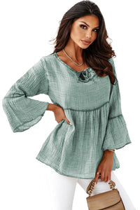 Green Crinkle Lace Up Round Neck Bell Sleeve Blouse | Tops/Blouses & Shirts