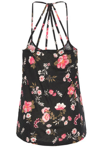 Black Floral Spaghetti Straps Strappy Back Tank Top | Tops/Tank Tops