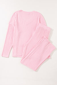 Two Piece Activewear Set | Pink Knit V Neck Slouchy Pants Set