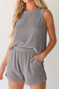 Medium Grey Corded Sleeveless Top and Pocketed Shorts Set | Two Piece Sets/Short Sets