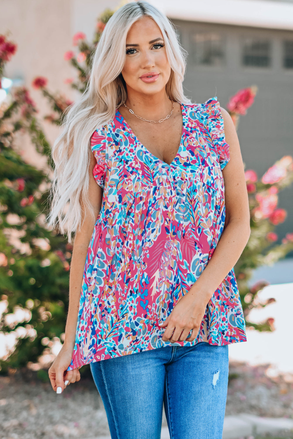 Boho Pattern Print Flounce V Neck Tank Top | Tops/Tank Tops