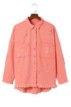 Load image into Gallery viewer, Orange Distressed Fringe Trim Denim Jacket | Outerwear/Denim jackets
