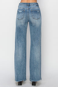RISEN Wide Leg Jeans | High Waist Distressed Blue Jeans
